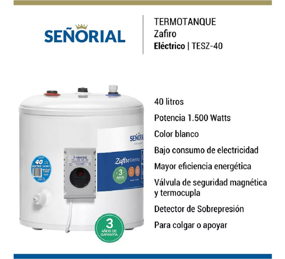 Termotanque 40 Lt Elect.Linea Zafiro Señorial