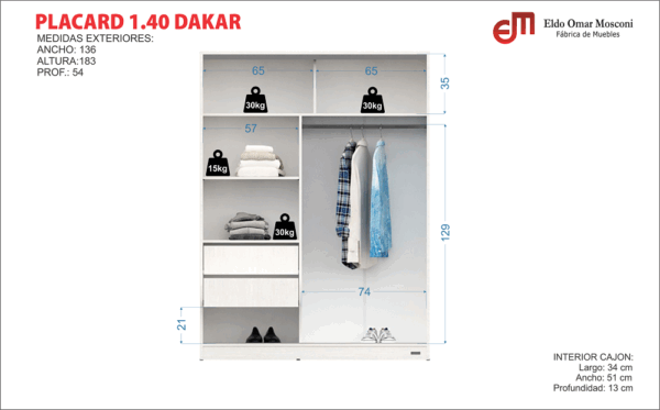 Placard 2 puertas Corredizas Dakar 1.40m Wengue Mosconi - Imagen 2